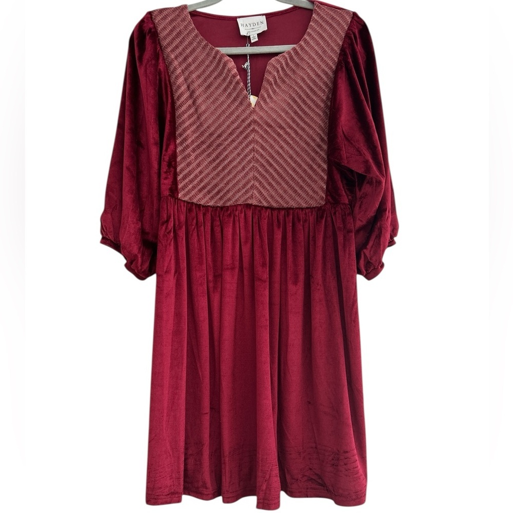 Hayden Los Angeles Crushed Velvet Babydoll Mini Dress Maroon Chevron Yoke Size L